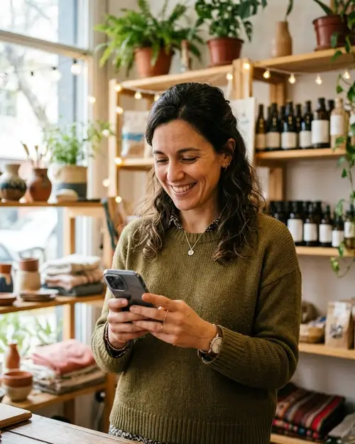 Comerciante leyendo consultas en el celular