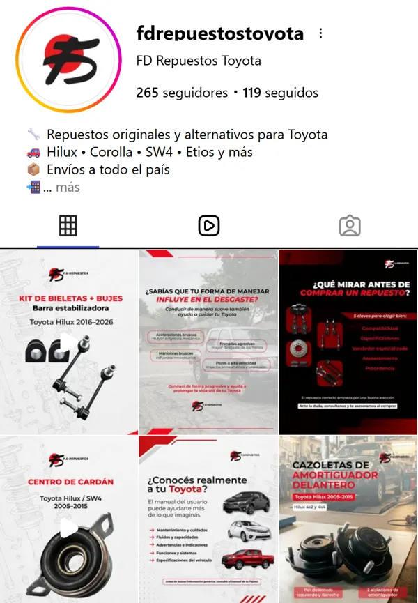 Perfil de Instagram de FD Repuestos Toyota