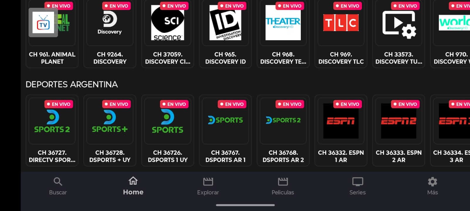 Grilla de canales Discovery y deportes